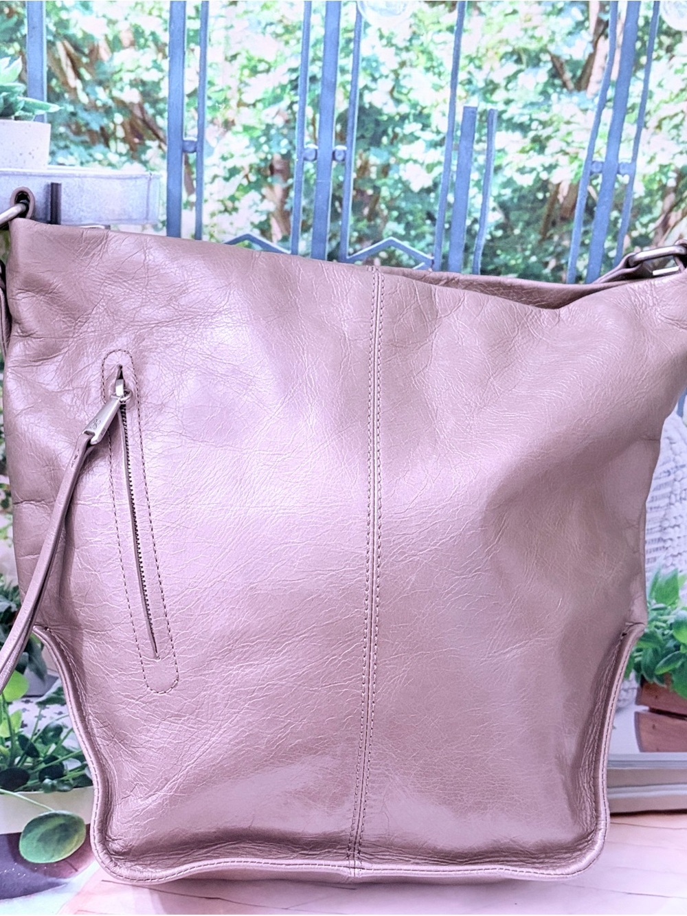 HOBO Large Slouchy Metallic Pewter Leather Bag – Floral Lining 2172500028